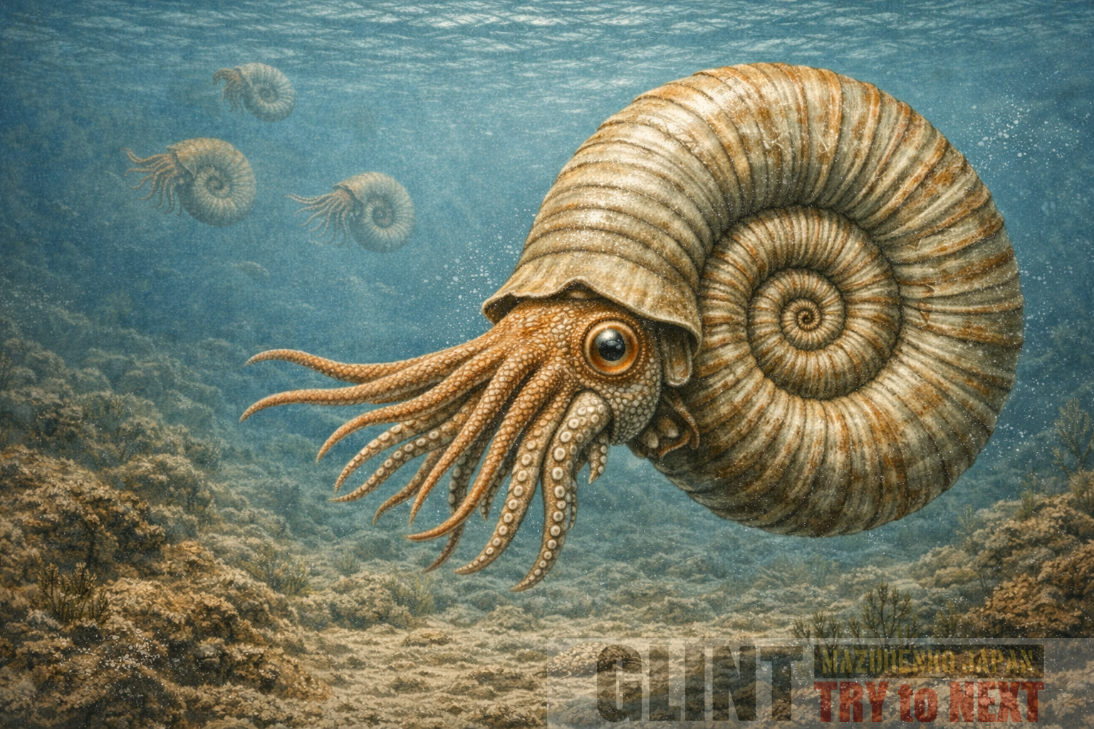 化石資料と学術研究をもとに復元したアンモナイト（Ammonoidea）の生態復元イラスト。中生代の海を遊泳する典型的な殻付き頭足類の姿