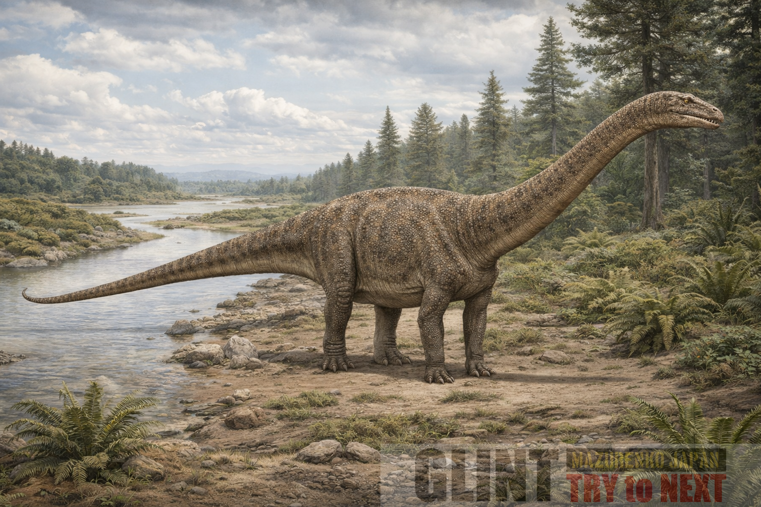 後期ジュラ紀モリソン層の河川氾濫原に立つアンフィコエリアス・アルトゥス(Amphicoelias altus)の学術的復元図。細長い体型と鞭状の尾、小型の頭部をもつディプロドクス類の特徴を正確に再現した古生物復元イラスト