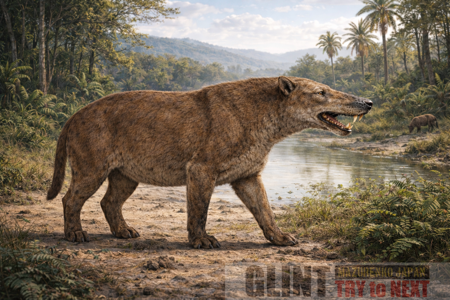 化石頭骨と系統研究に基づいて復元されたアンドリューサルクス（Andrewsarchus mongoliensis）が、始新世の自然環境で歩行する様子を再現した学術的生態復元イラスト
