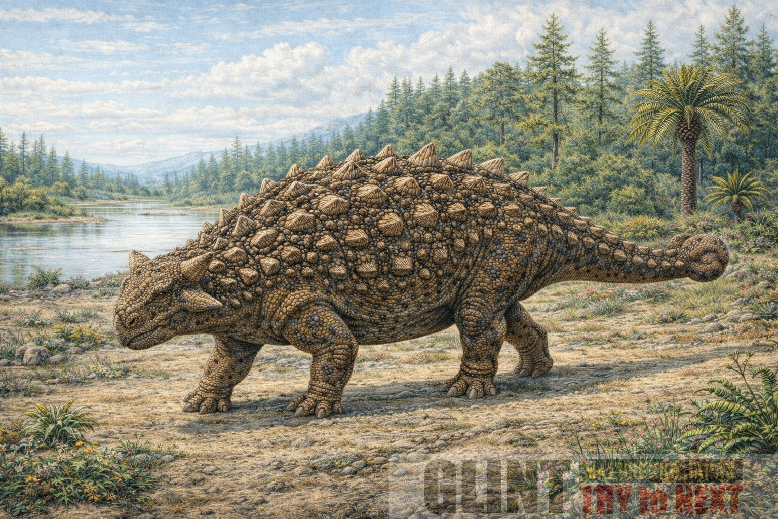 化石資料と学術研究に基づいて復元したアンキロサウルス（Ankylosaurus magniventris）。白亜紀後期ヘルクリーク層の環境を再現した学術イラスト