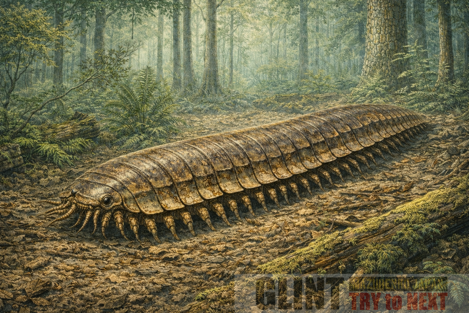 化石資料と学術研究に基づいて復元したアースロプレウラ(Arthropleura)。古生代石炭紀の森林を歩く史上最大級の節足動物の生態イメージ