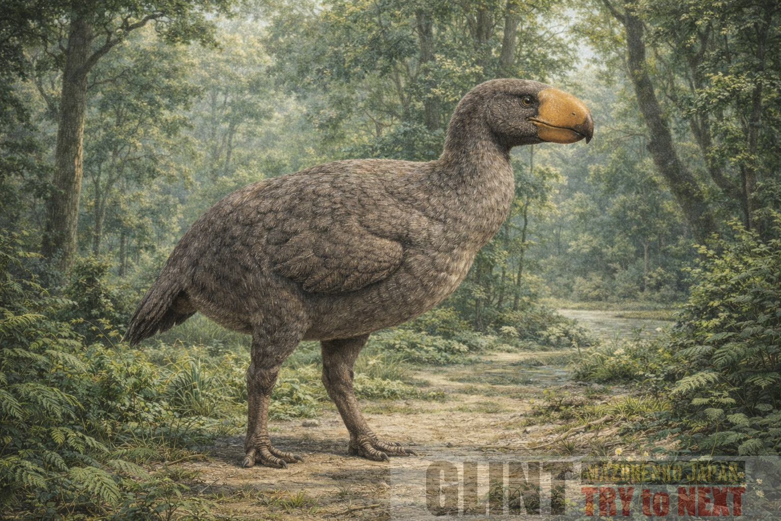 始新世初期の亜熱帯林に生息するディアトリマ（Diatryma／ガストルニス）の学術的復元図。大型の嘴と頑丈な体躯、短い翼をもつ飛べない原始的巨大鳥類を化石資料に基づき忠実に再現した古生物イラスト