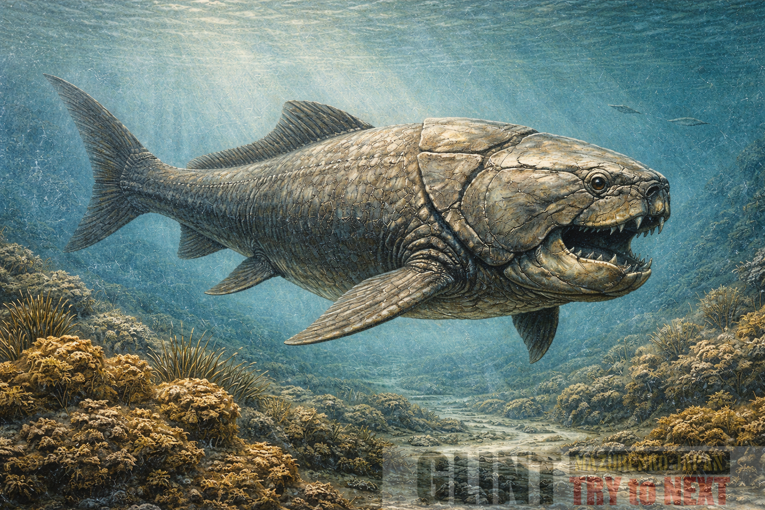 化石資料と学術研究に基づいて復元したダンクルオステウス（Dunkleosteus terrelli）。デボン紀の海に生息した巨大甲冑魚の生態再現イメージ