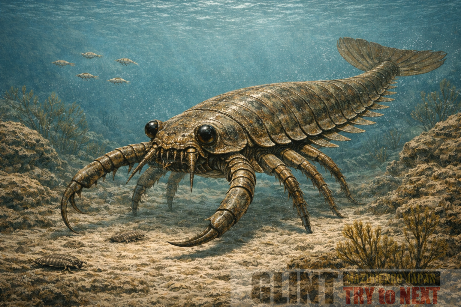 古生代シルル紀からデボン紀の海に生息していた巨大節足動物ウミサソリの復元図