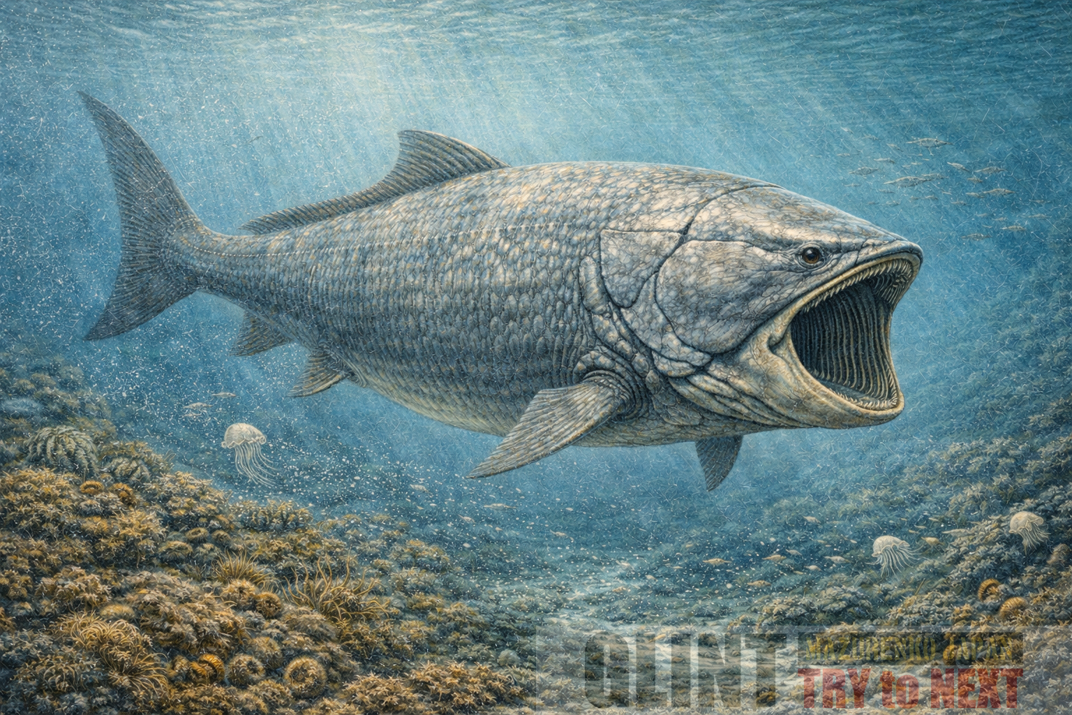 ジュラ紀の巨大ろ過食硬骨魚リードシクティスの学術資料に基づいた再現図