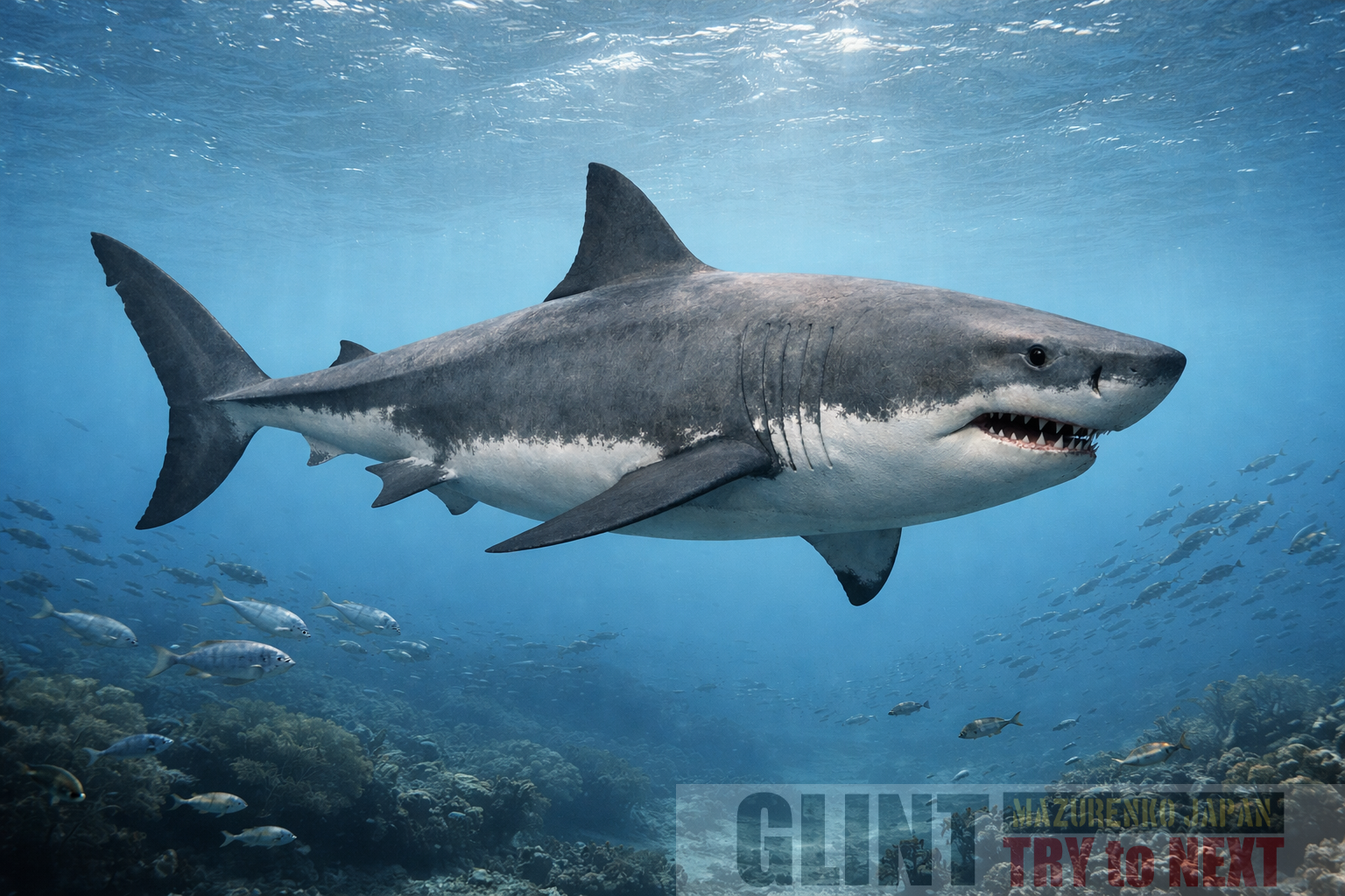 化石証拠に基づいて復元されたメガロドン（Otodus megalodon）が、太古の海中を泳ぐ様子を再現した学術的イラスト