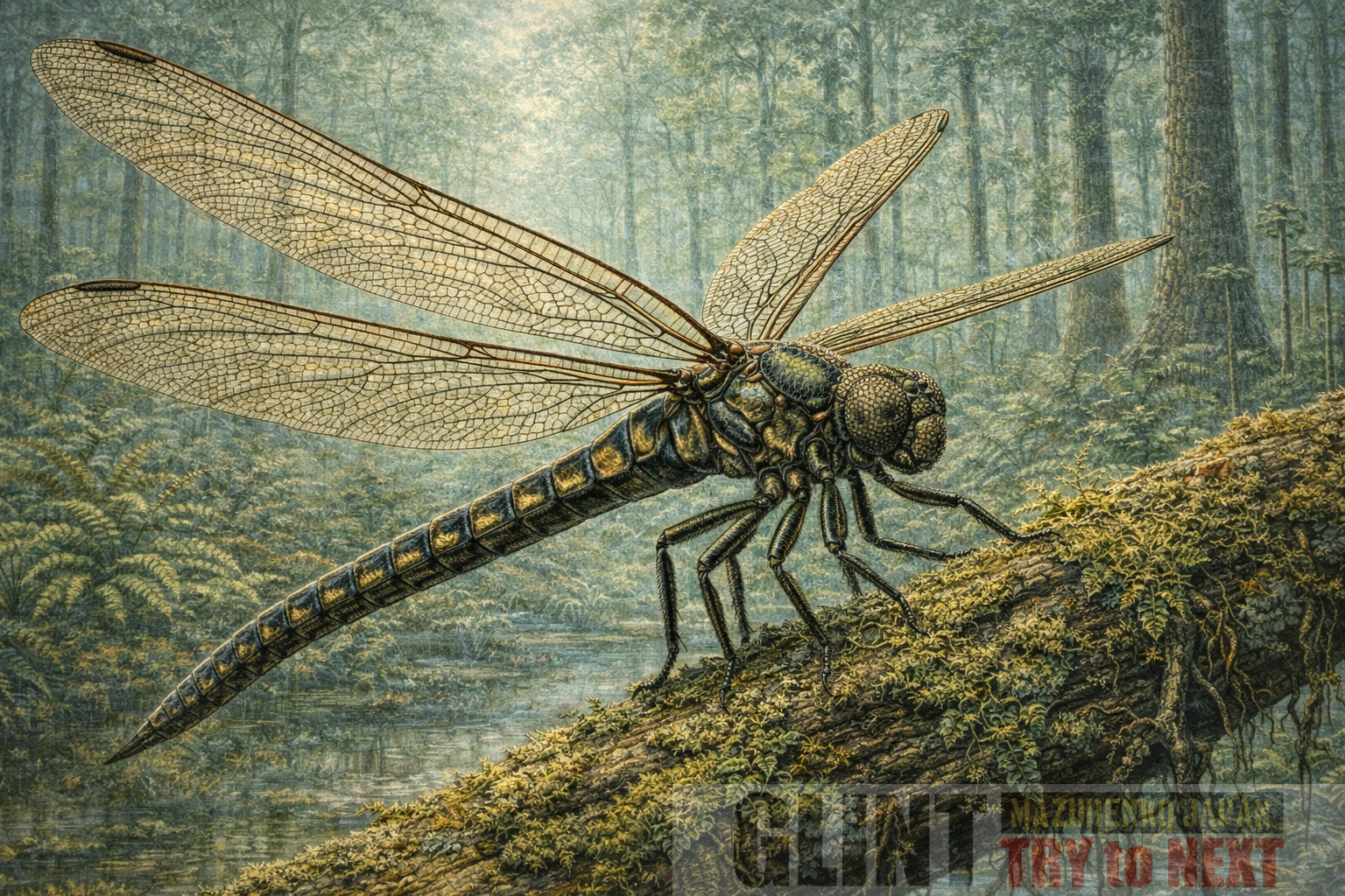 化石資料と学術研究に基づいて復元したメガネウラ（Meganeura monyi）。石炭紀に生息した史上最大級の昆虫の生態再現イメージ