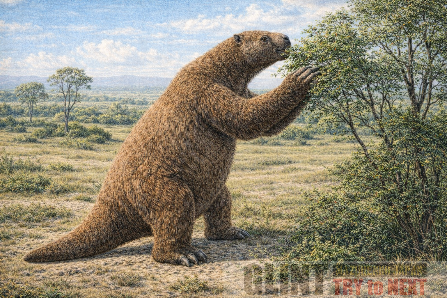メガテリウム（Megatherium americanum）を、化石資料と学術研究に基づいて復元した学術的復元イラスト。更新世後期の南米に生息していた巨大地上性ナマケモノの生態を再現している。