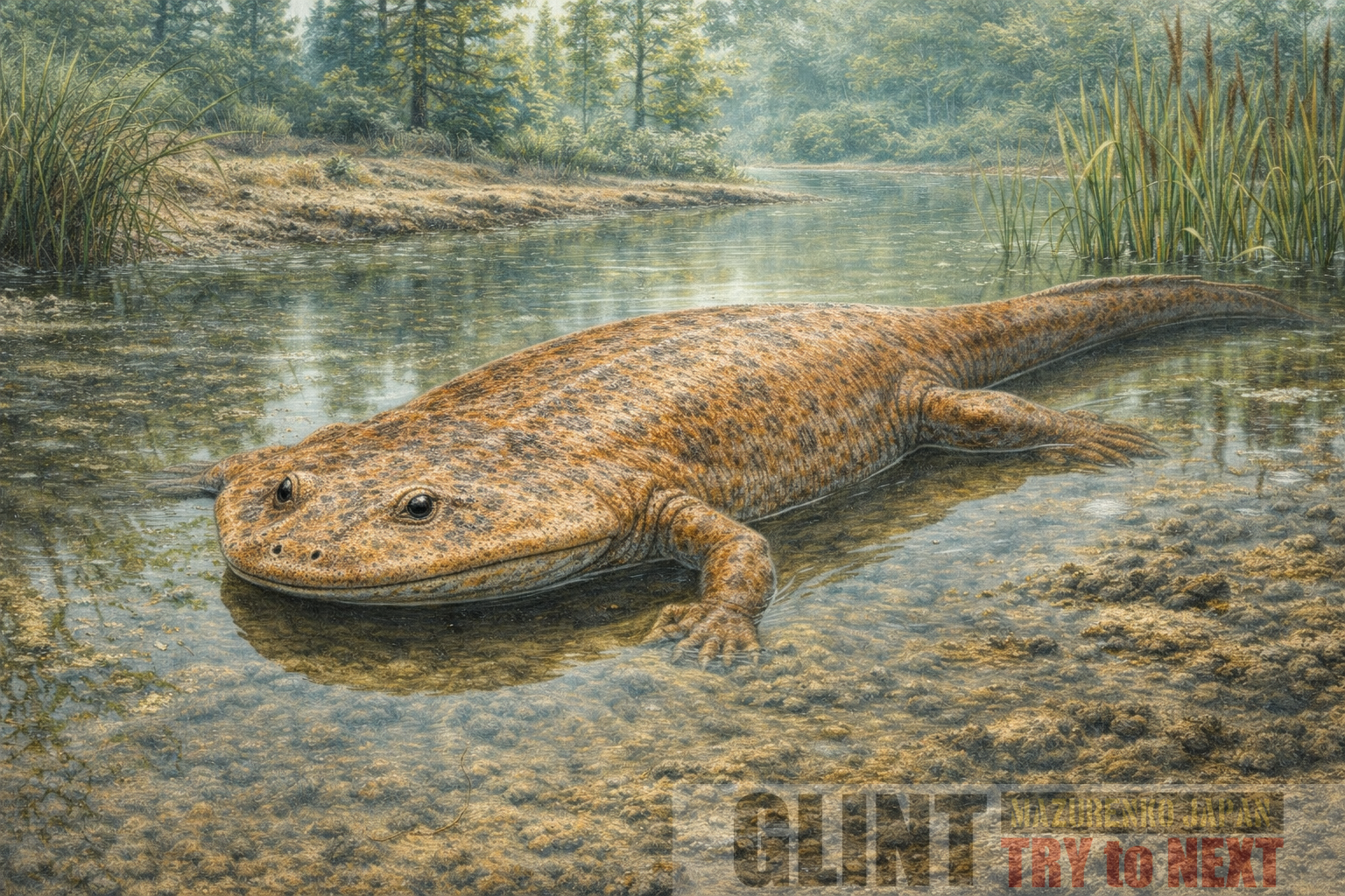 三畳紀に生息していた巨大両生類メトポサウルス(Metoposaurus)の学術的復元図。平たい頭部と水辺生活に適応した体形を再現 