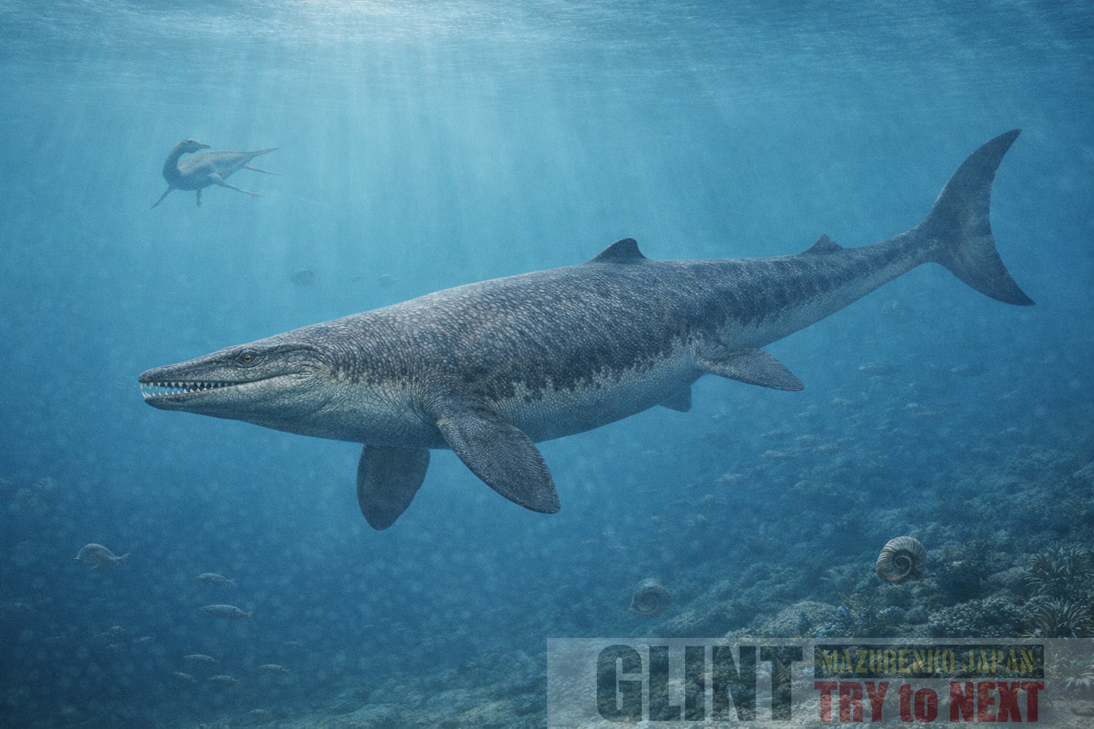 後期白亜紀の浅海を遊泳するモササウルス（Mosasaurus）の学術的復元図。横扁した体型と縦型尾ビレ、円錐状の歯を備えた大型海生トカゲ類の形態を化石資料に基づき忠実に再現した古生物イラスト
