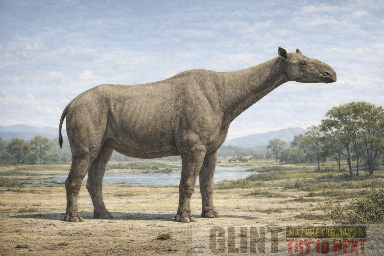 中新世前期の中央アジアに生息していたパラケラテリウム（Paraceratherium）の学術的復元図。長い頸部と柱状の四肢をもつ無角サイ類の巨大哺乳類を化石資料に基づき忠実に再現した古生物イラスト