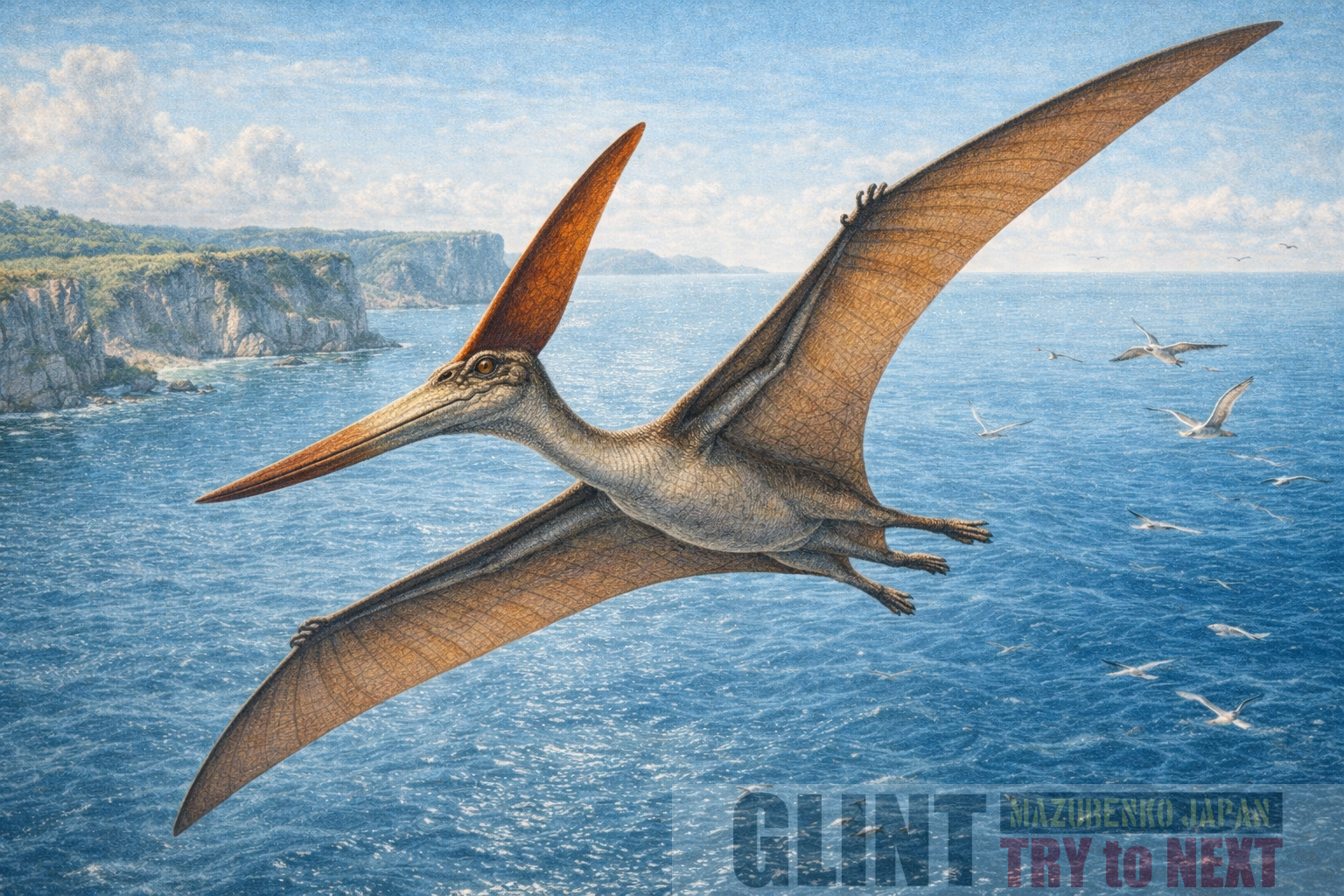 プテラノドン（Pteranodon longiceps）を、化石資料と研究成果に基づいて再現した学術的復元図。白亜紀後期の北米沿岸上空を滑空する翼竜の姿を描いている。