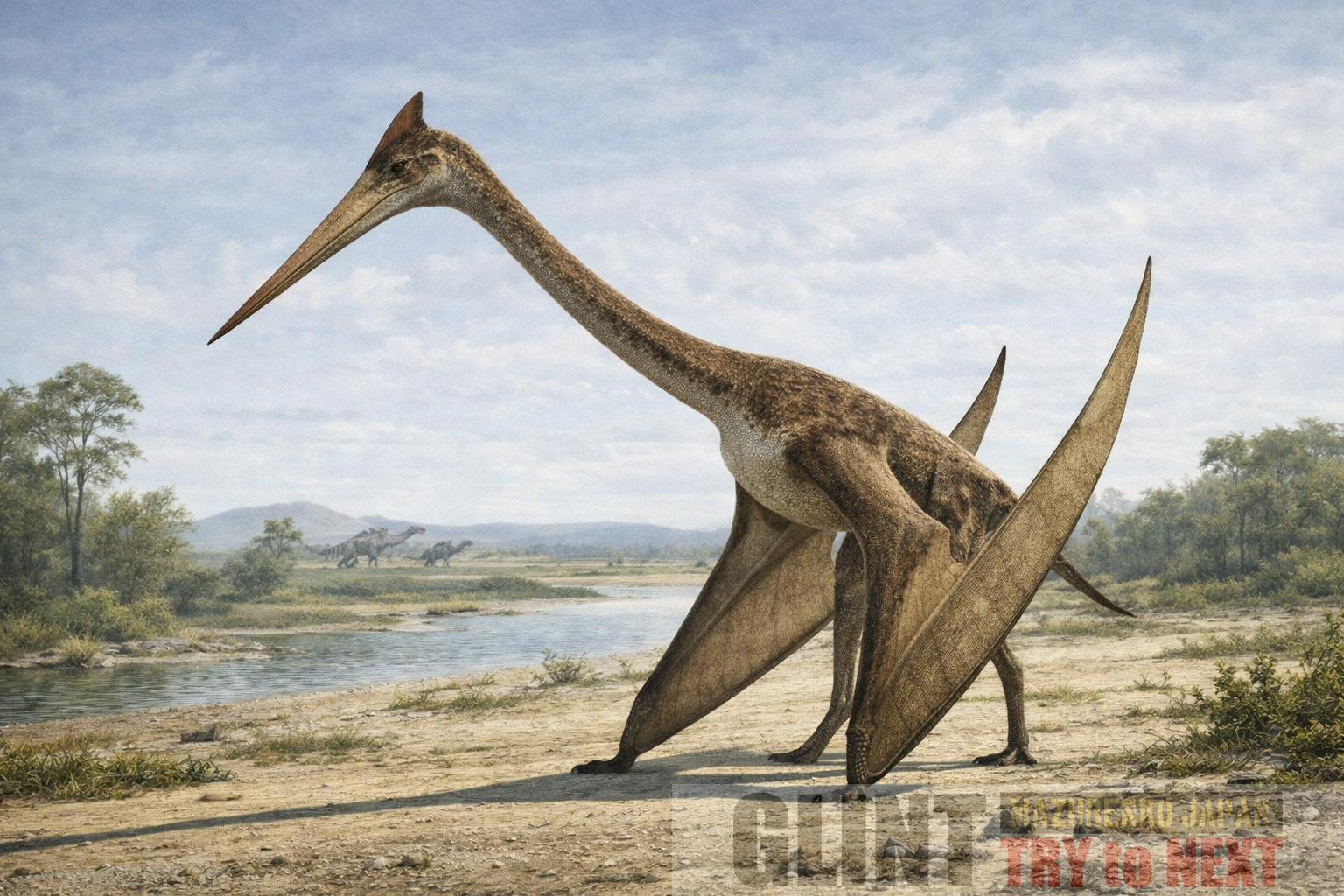 後期白亜紀の氾濫原に立つケツァルコアトルス（Quetzalcoatlus）の学術的復元図。極端に長い頸部と無歯の嘴、四足姿勢で立つアズダルコ科翼竜の形態を化石資料に基づき忠実に再現した古生物イラスト