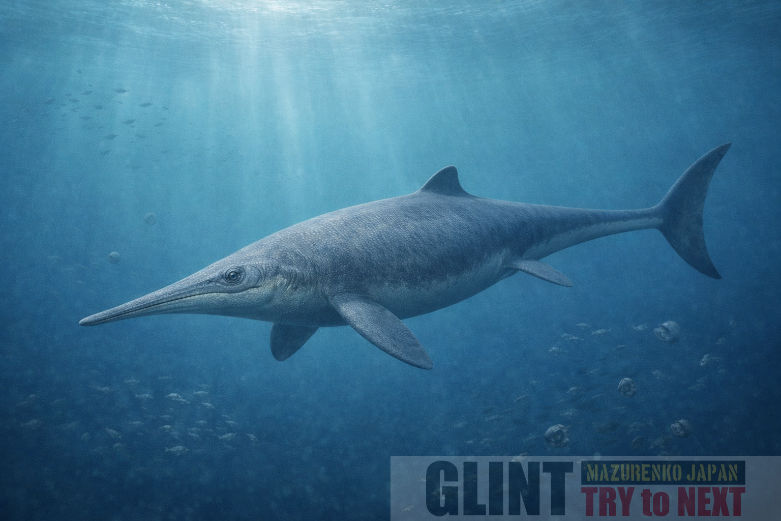 alt="後期三畳紀の外洋を遊泳するショニサウルス（Shonisaurus popularis）の学術的復元図。細長い流線型の体型、長い吻部、小型背ビレ、縦型尾ビレを備えた魚竜類の形態を化石資料に基づき忠実に再現した古生物イラスト