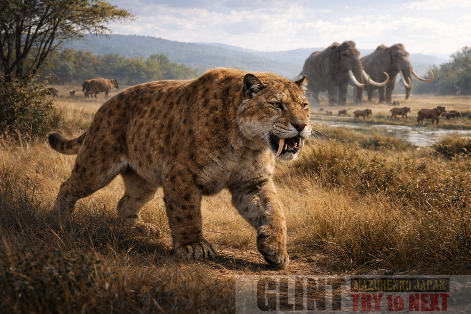 化石骨格と生体力学研究に基づいて復元されたスミロドン（Smilodon fatalis）が、更新世の草原を歩く様子を再現した学術的生態復元イラスト