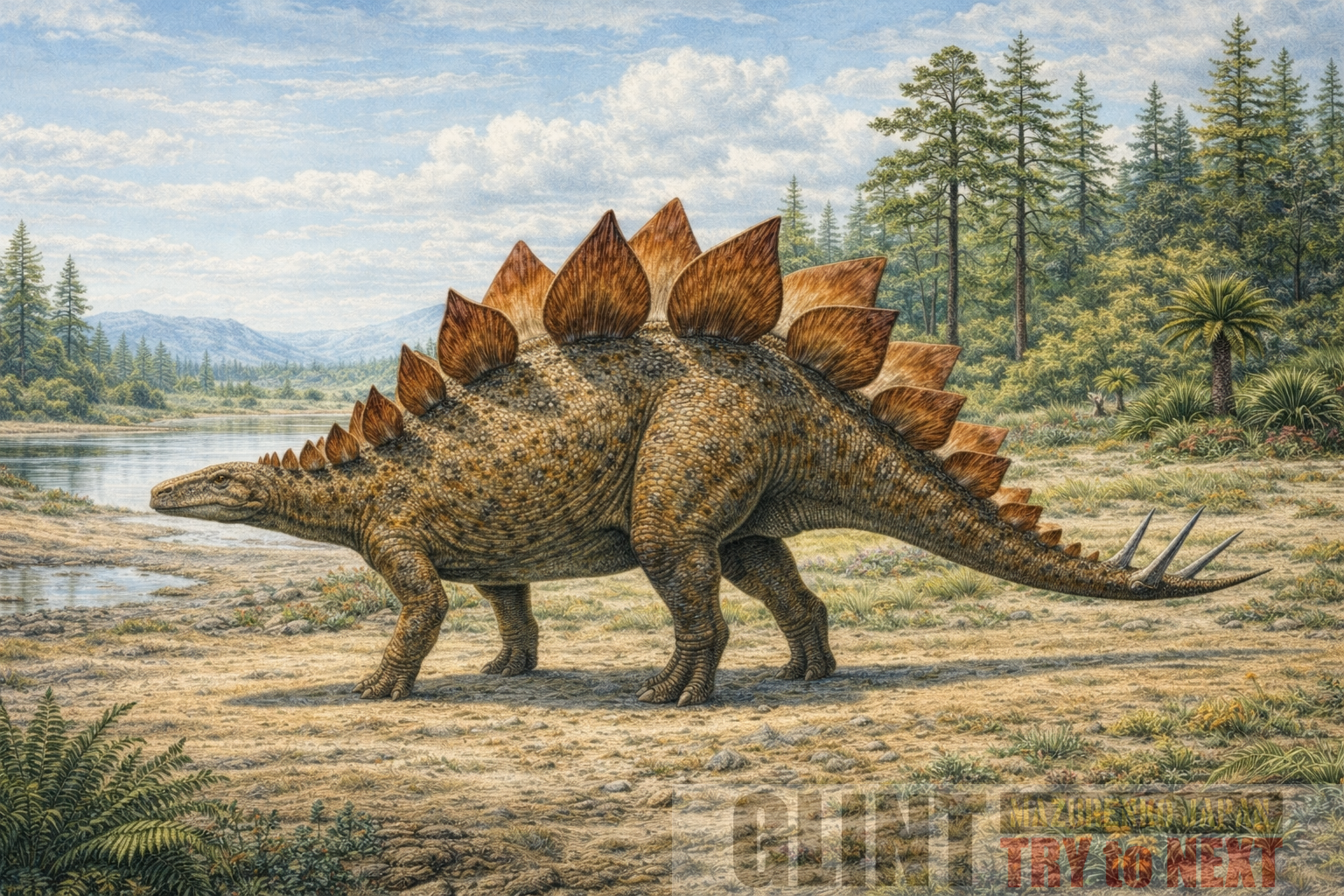 後期ジュラ紀モリソン層に生息していたステゴサウルス（Stegosaurus stenops）の骨格化石に基づく学術的復元イラスト
