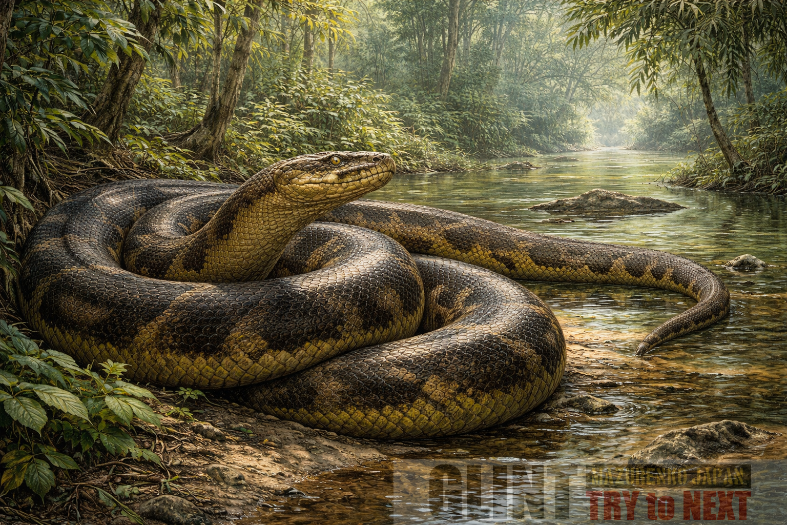 ティタノボア(Titanoboa cerrejonensis)を、化石資料と学術研究に基づいて復元した学術的再現イラスト。暁新世の南米熱帯雨林の河川環境で、とぐろを巻いて佇む史上最大級のヘビの姿を描いている。